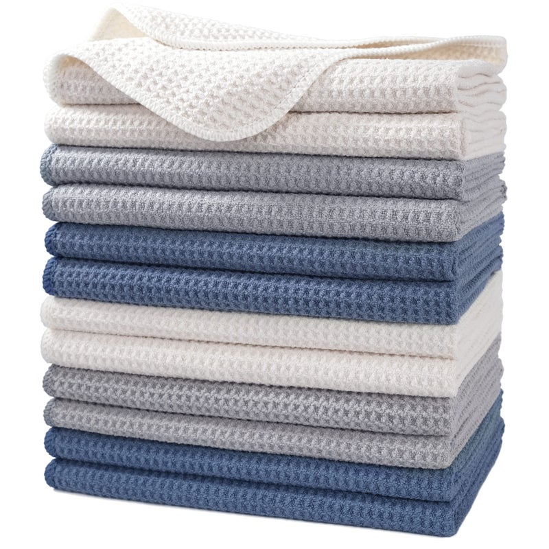 POLYTE Premium Microfiber Kitchen Dish Hand Towel Waffle Weave 12 Pack (16x28 in, Dark Blue, Gray, Off White) - Image 1